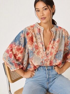 Pilcro Anthropologie Floral Patchwork Peasant Blouse in Cream, Blue & Red